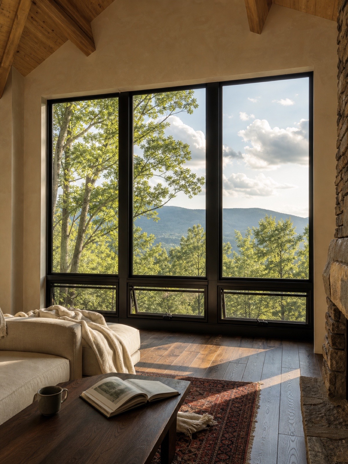 Warm wood great room opening to the treeline