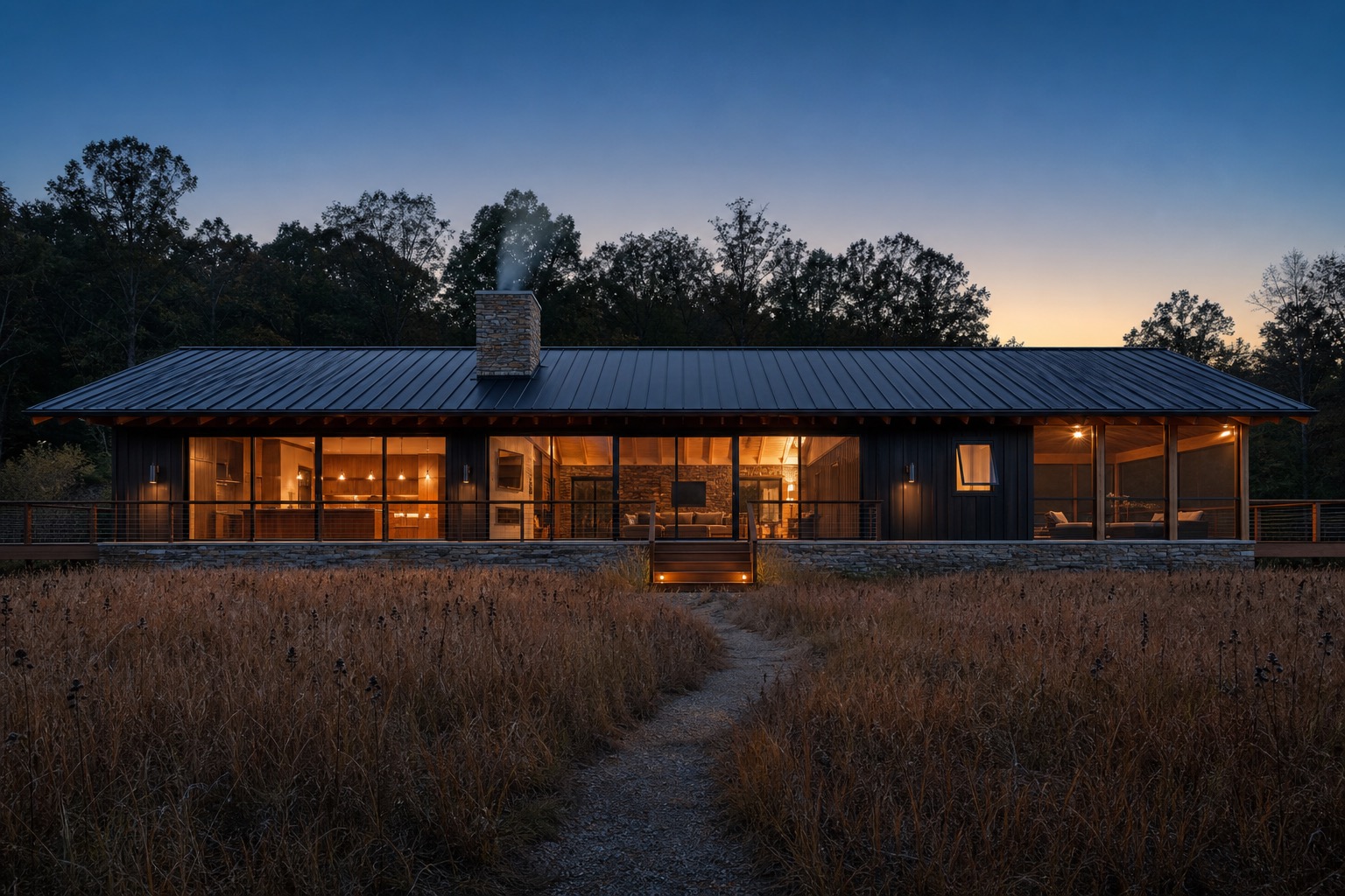 Timber and glass home surrounded by trees at blue hour