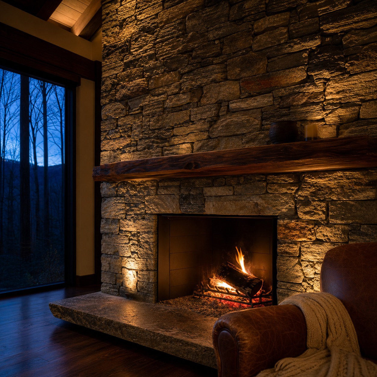 Stone fireplace in a modern great room